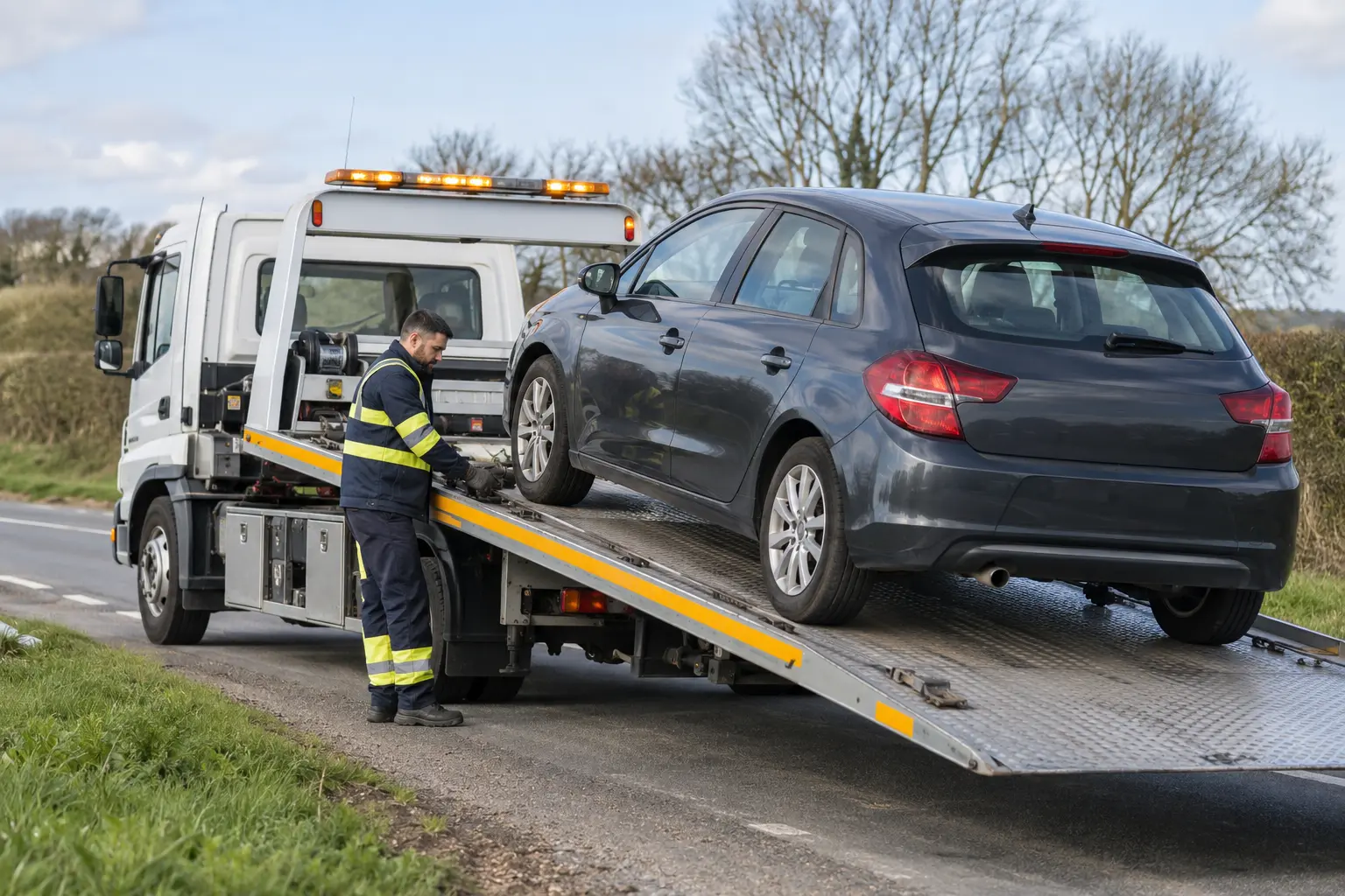 Flatbed recovery truck collecting a stranded vehicle
