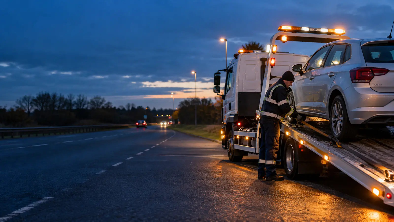 Vehicle recovery operator loading a car onto a flatbed at dusk