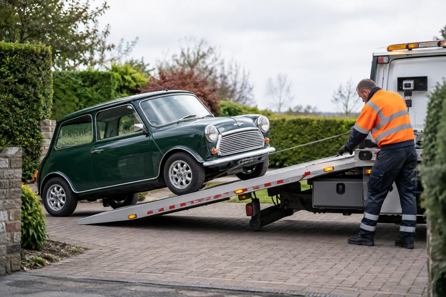 Non-running car being loaded onto a flatbed