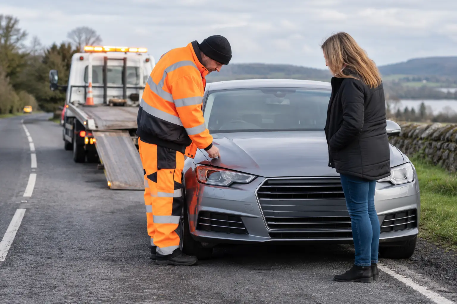 Roadside assistance operator inspecting a car
